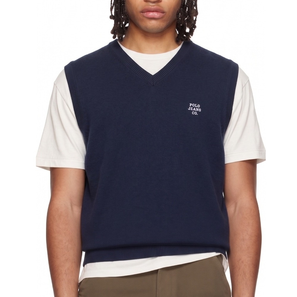 Vtg Y2K Polo Jeans Co. V Neck Sweater Vest Men M Navy 100% Cotton Ralph Lauren